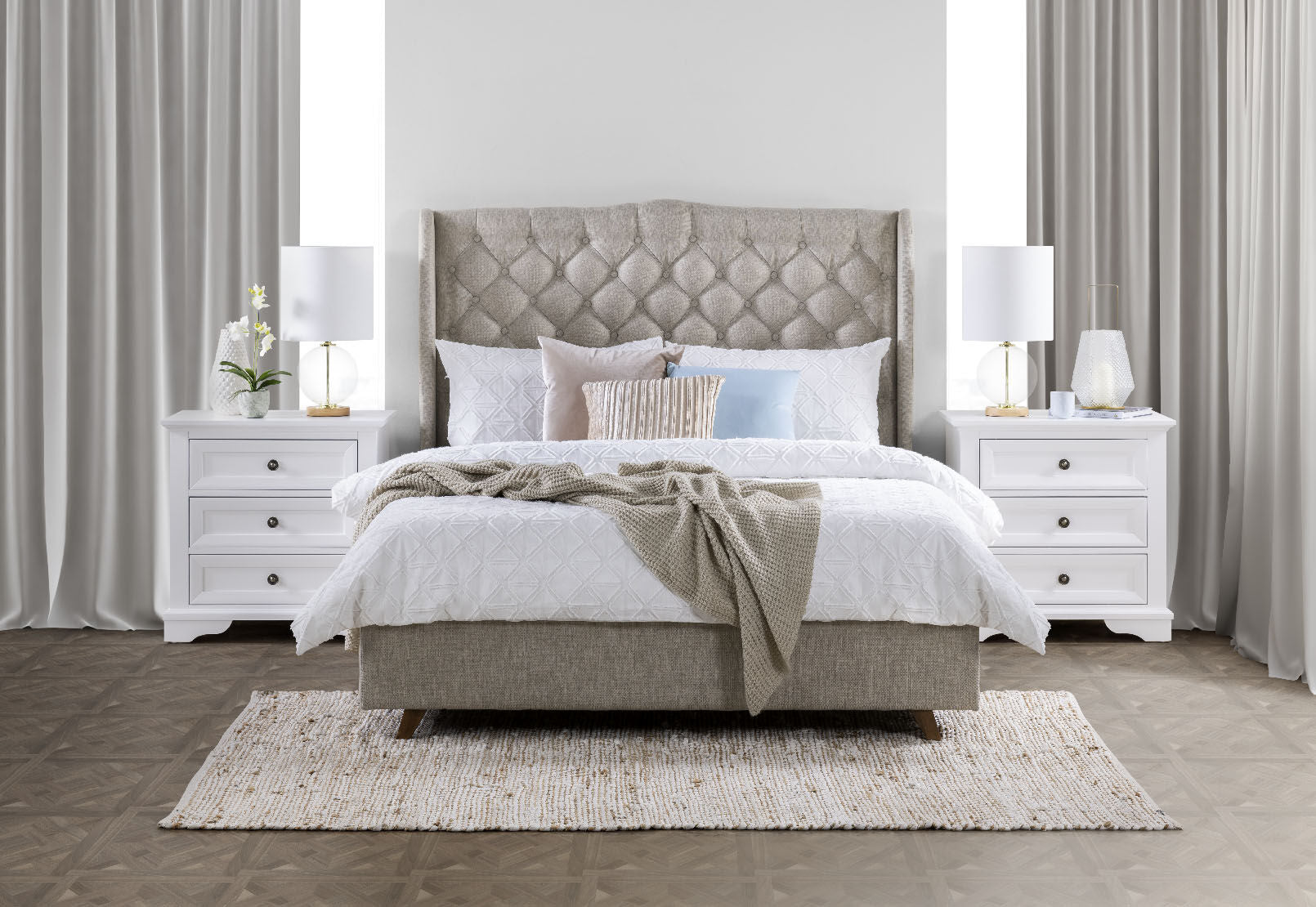 ARAGON FABRIC QUEEN BED PEBBLE