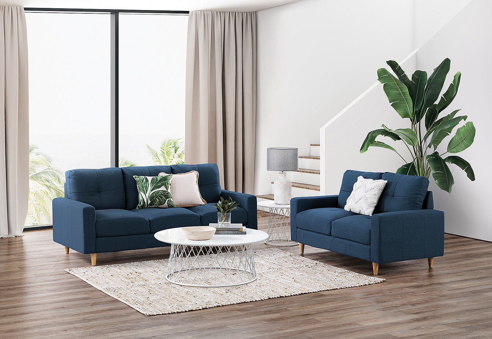 KELLER FABRIC SOFA PAIR NAVY BLUE