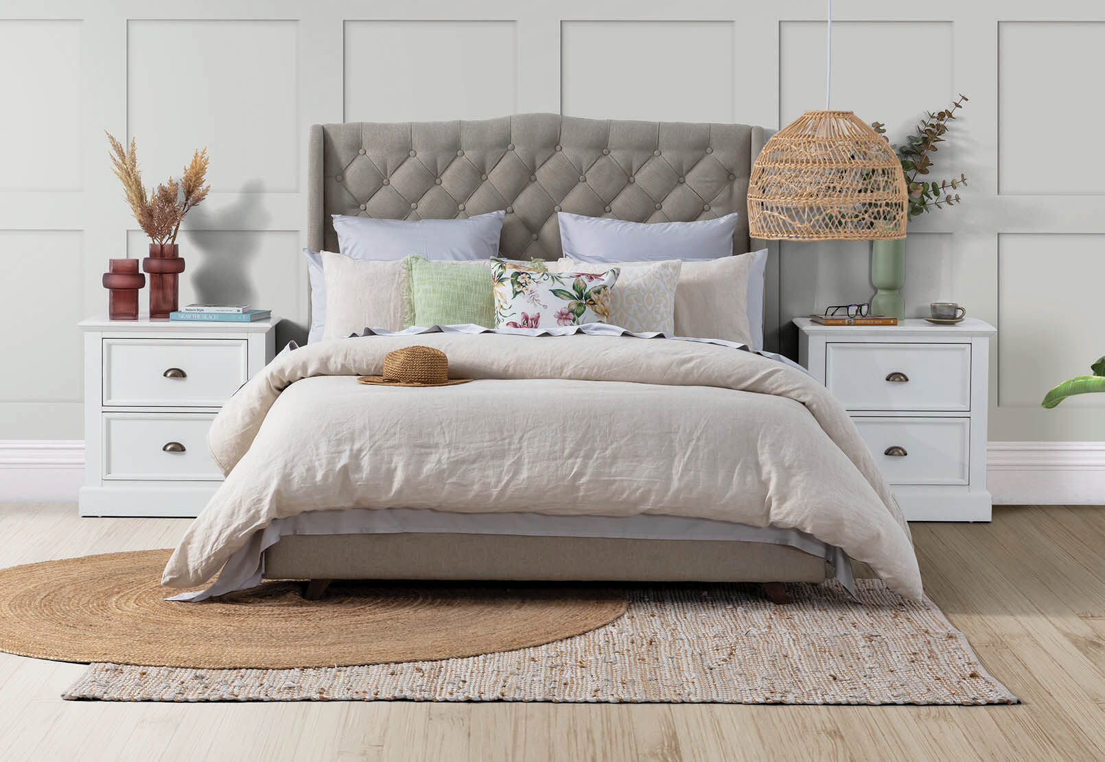 ARAGON FABRIC KING BED PEBBLE