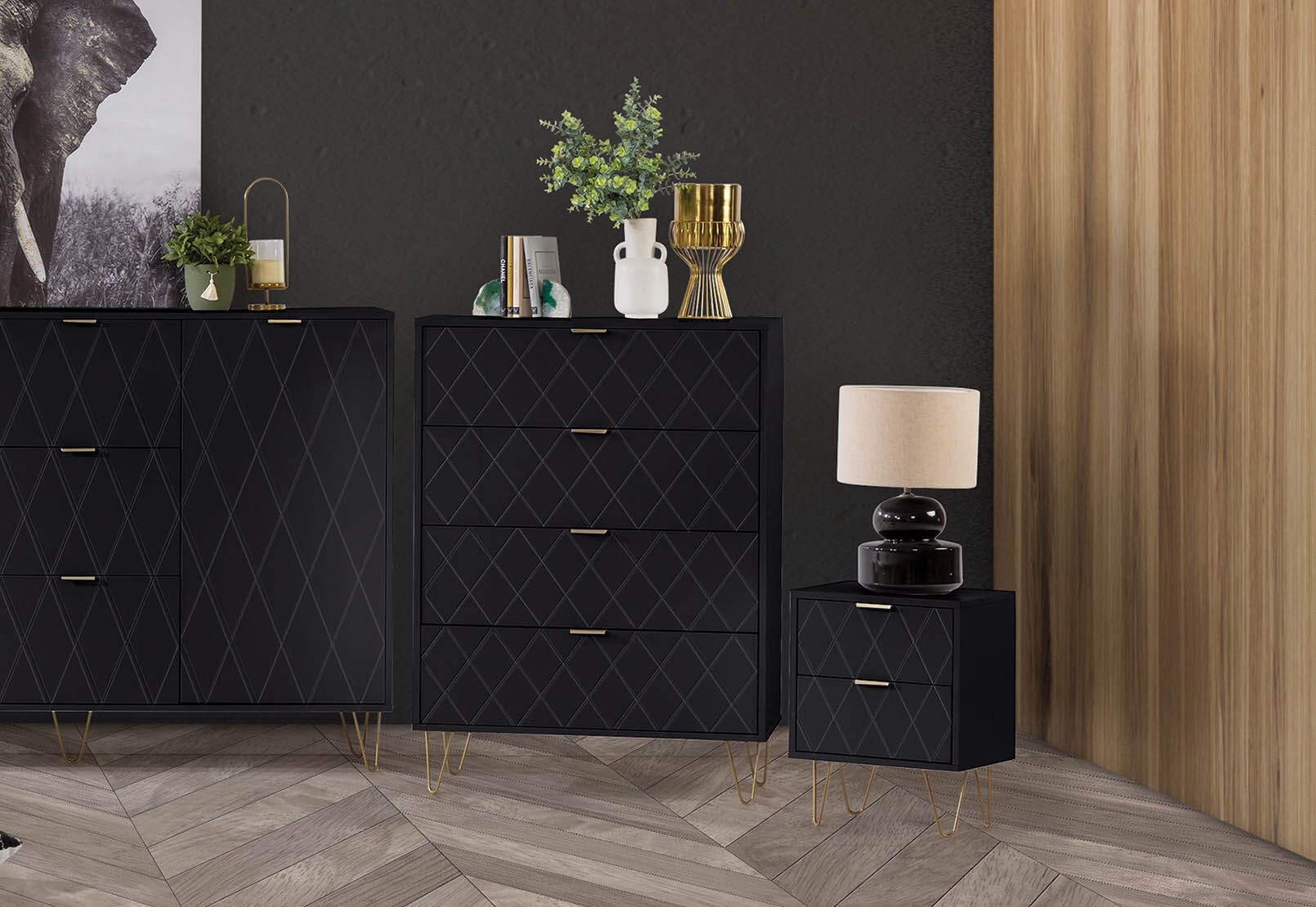 DORSEY BLACK 4 DRAWER WIDE TALL CHEST BLACK