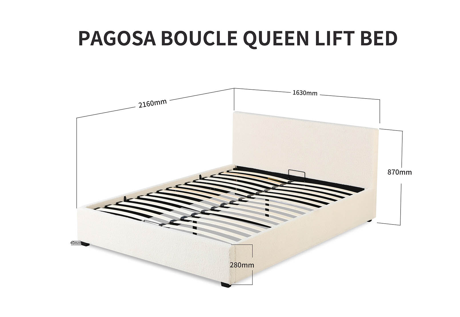 PAGOSA BOUCLE QUEEN LIFT BED WHITE