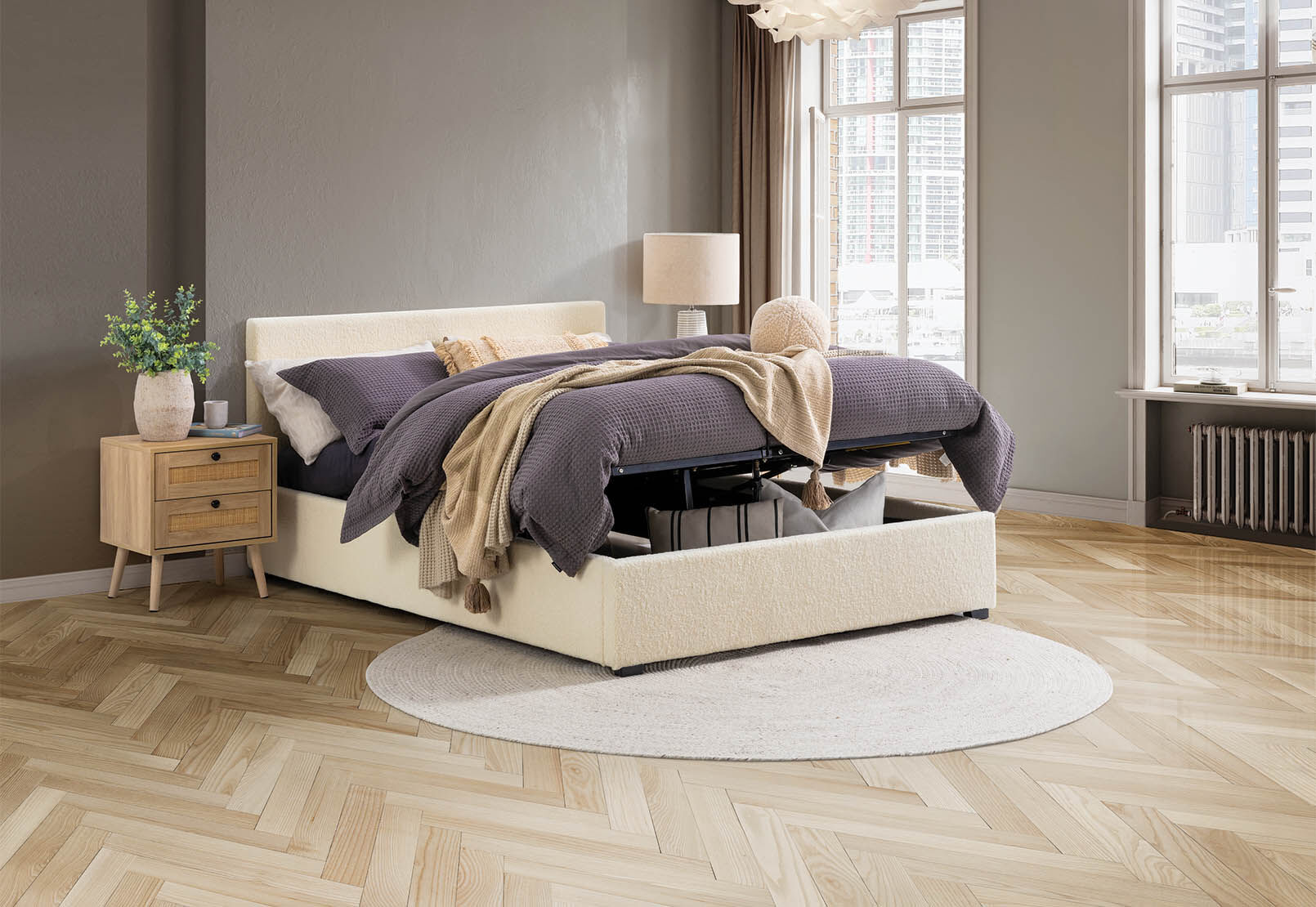 PAGOSA BOUCLE QUEEN LIFT BED WHITE