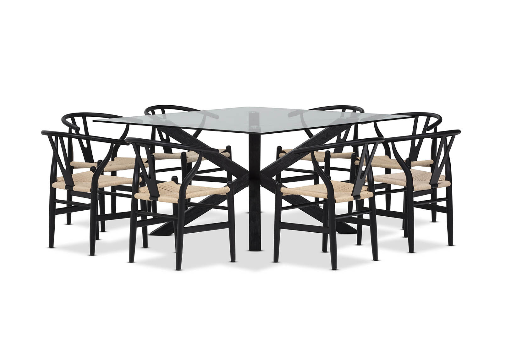 PROMENADE 9 PIECE DINING SUITE WITH WISHBONE REPLICA MKII DINING CHAIRS BLACK