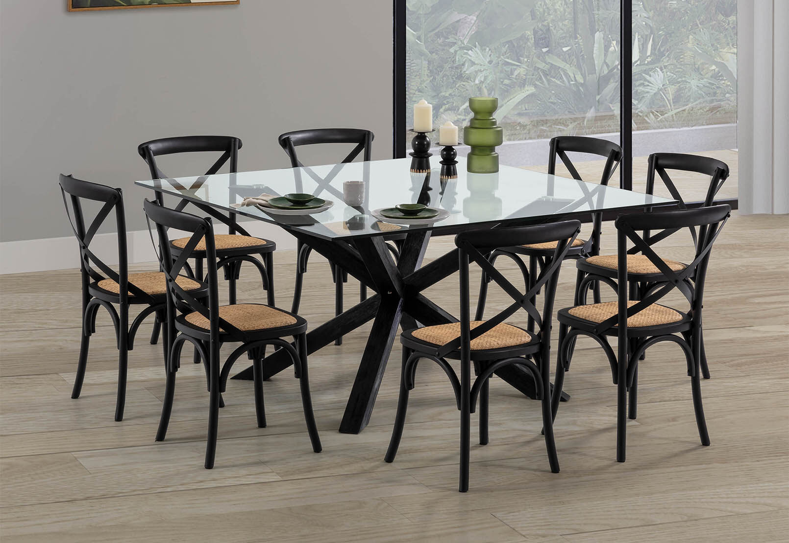 PROMENADE SQUARE GLASS TOP DINING TABLE BLACK