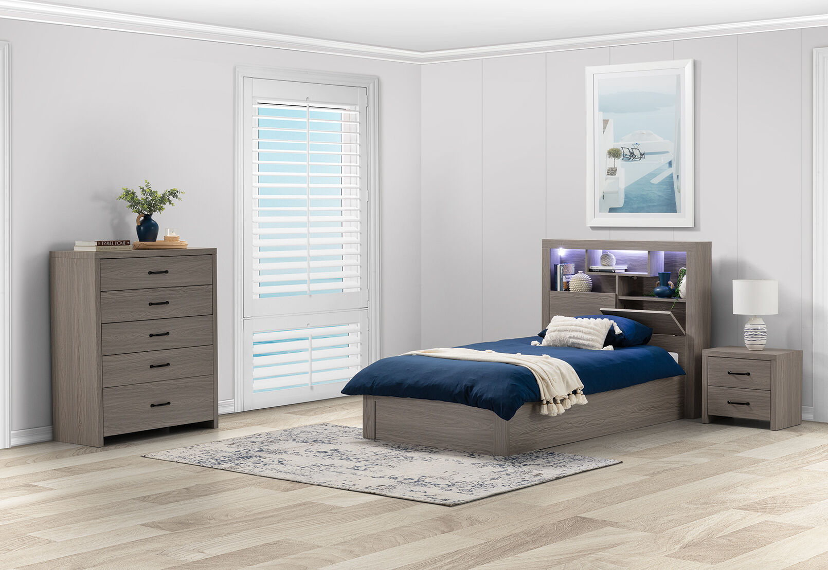 GEOVANA 3 PIECE KING SINGLE BED TALL CHEST SUITE. GREY