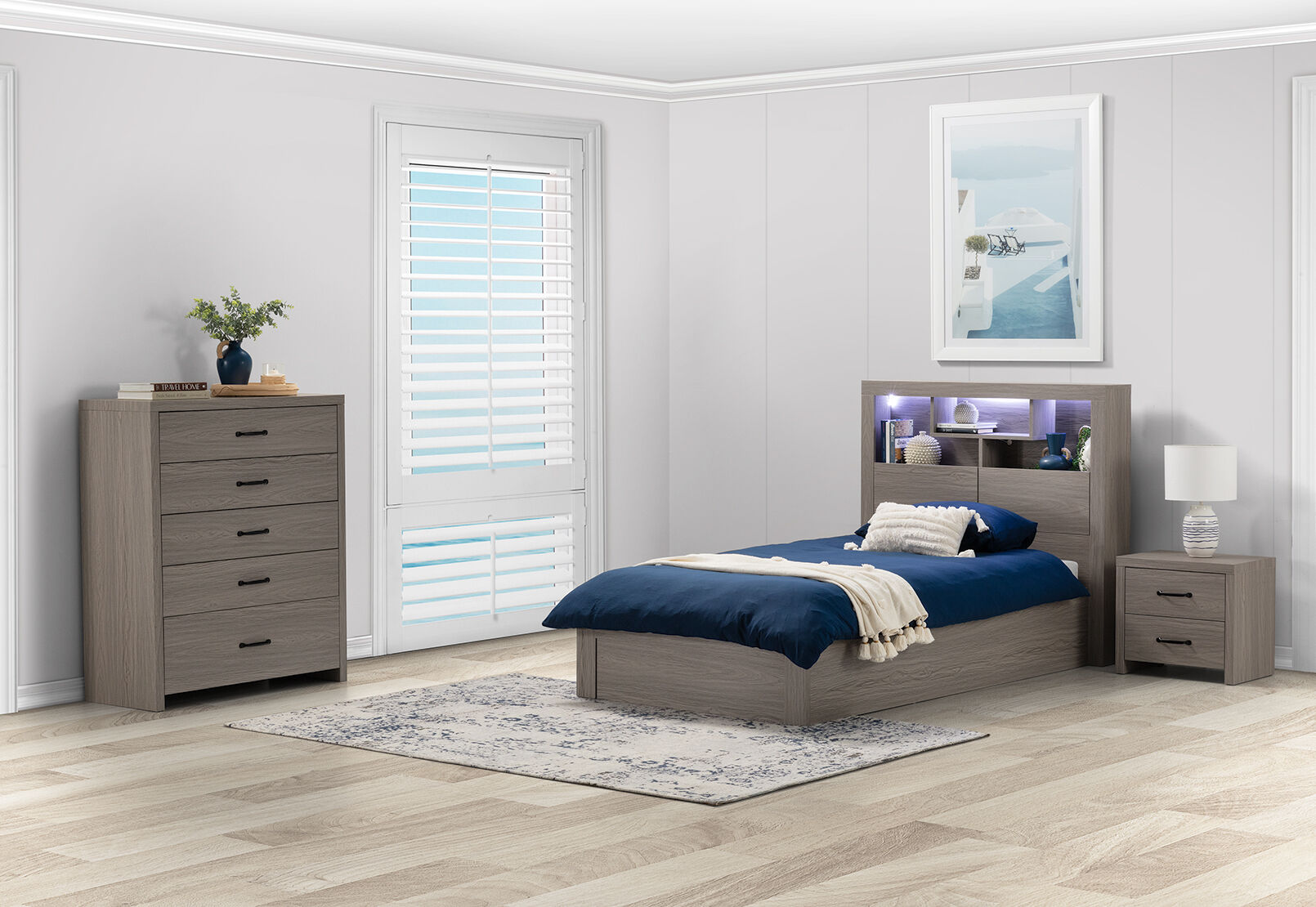 GEOVANA 3 PIECE KING SINGLE BED TALL CHEST SUITE. GREY