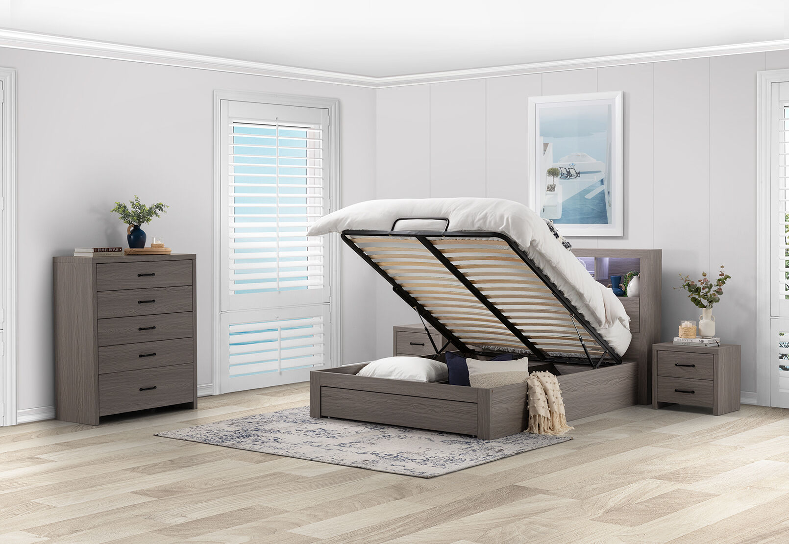 GEOVANA 4 PIECE QUEEN BED TALL CHEST SUITE. GREY