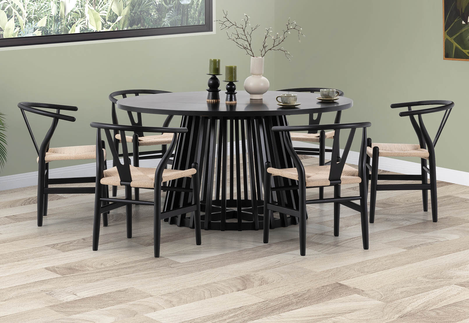 TORENTO 7 PIECE DINING SUITE WITH WISHBONE REPLICA MKII CHAIRS. BLACK