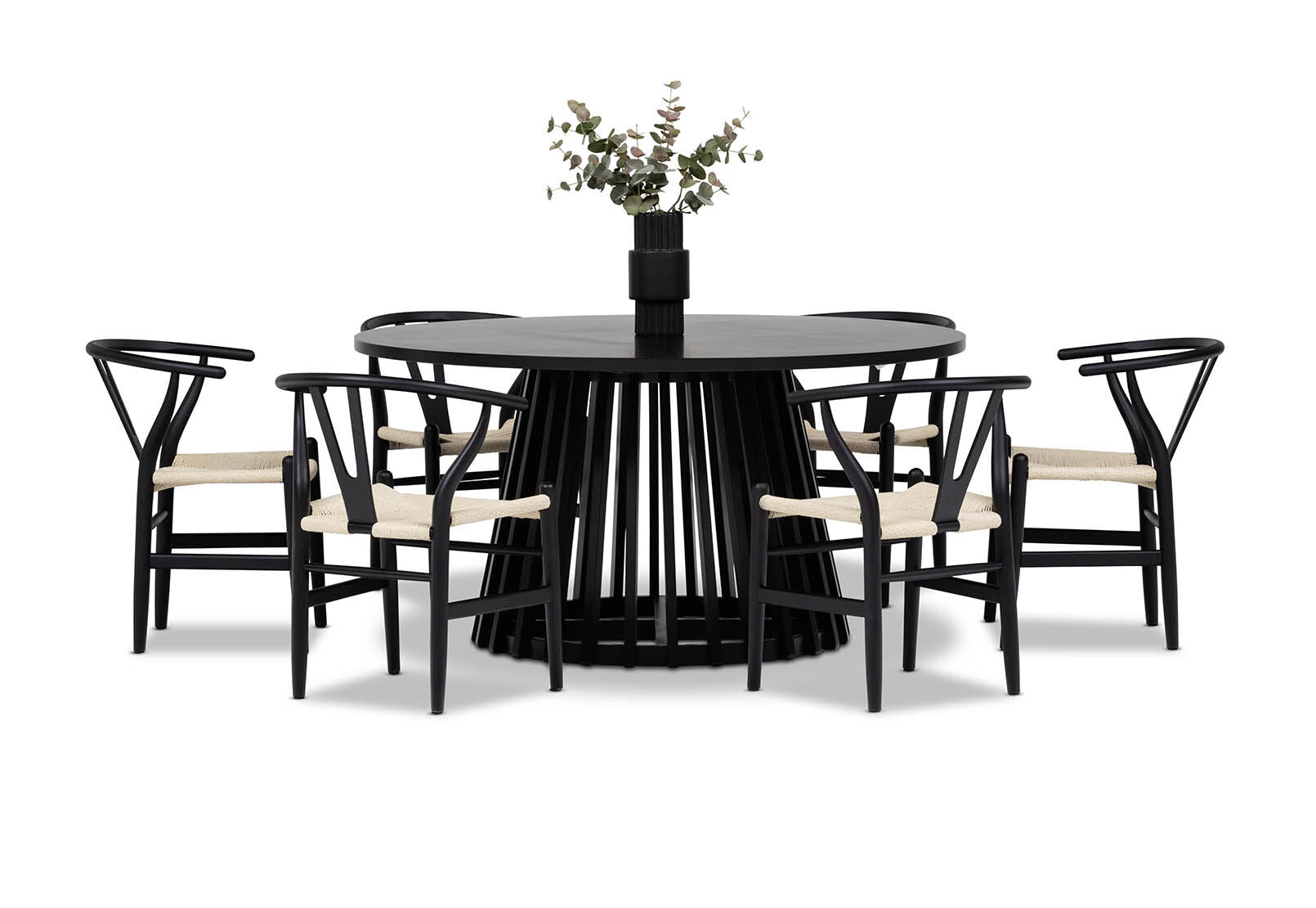 TORENTO 7 PIECE DINING SUITE WITH WISHBONE REPLICA MKII CHAIRS. BLACK