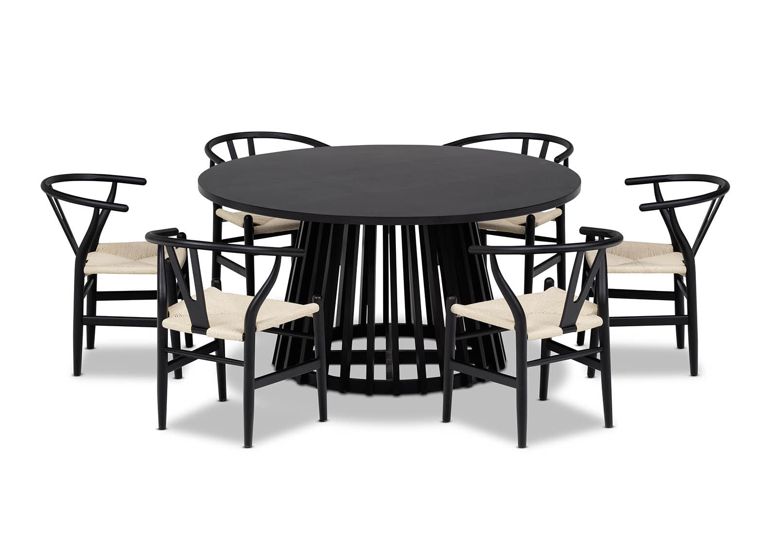 TORENTO 7 PIECE DINING SUITE WITH WISHBONE REPLICA MKII CHAIRS. BLACK