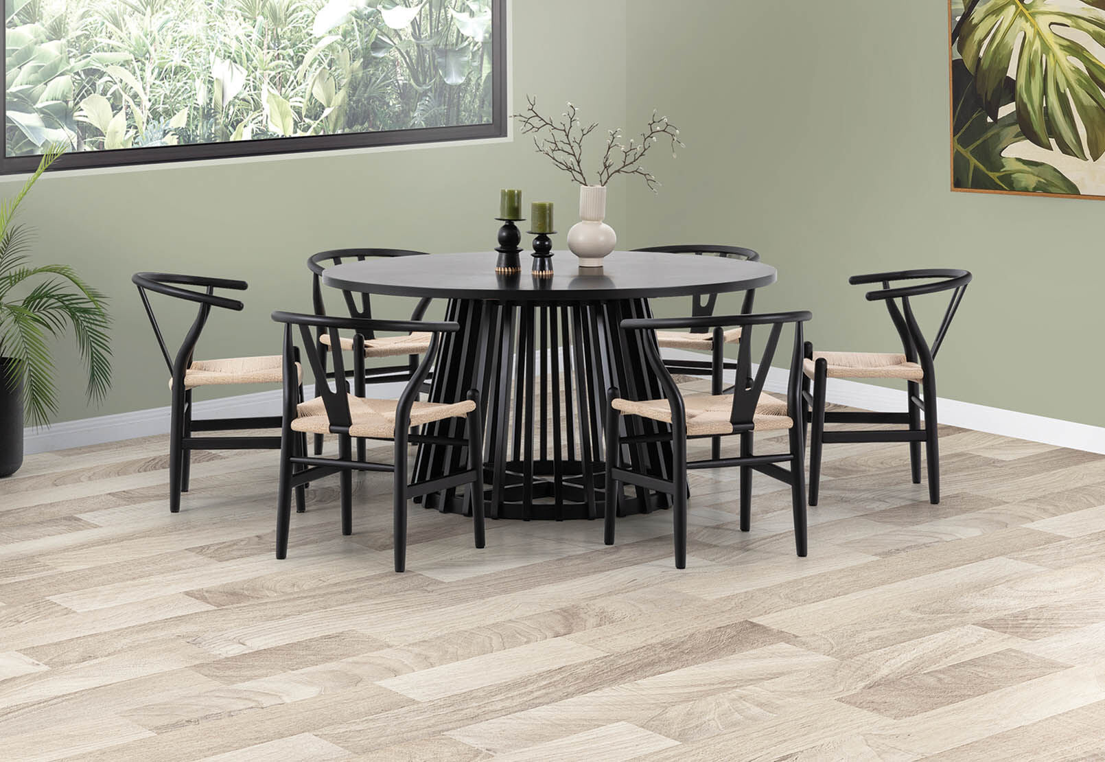 TORENTO 7 PIECE DINING SUITE WITH WISHBONE REPLICA MKII CHAIRS. BLACK