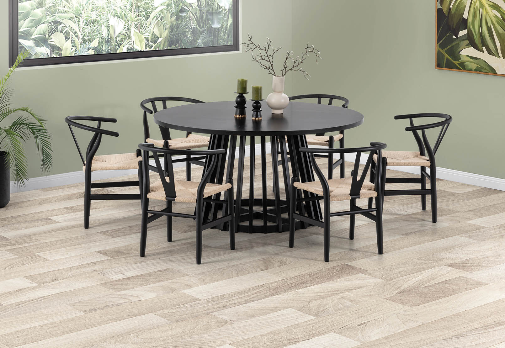 TORENTO 7 PIECE DINING SUITE WITH WISHBONE REPLICA MKII CHAIRS. BLACK