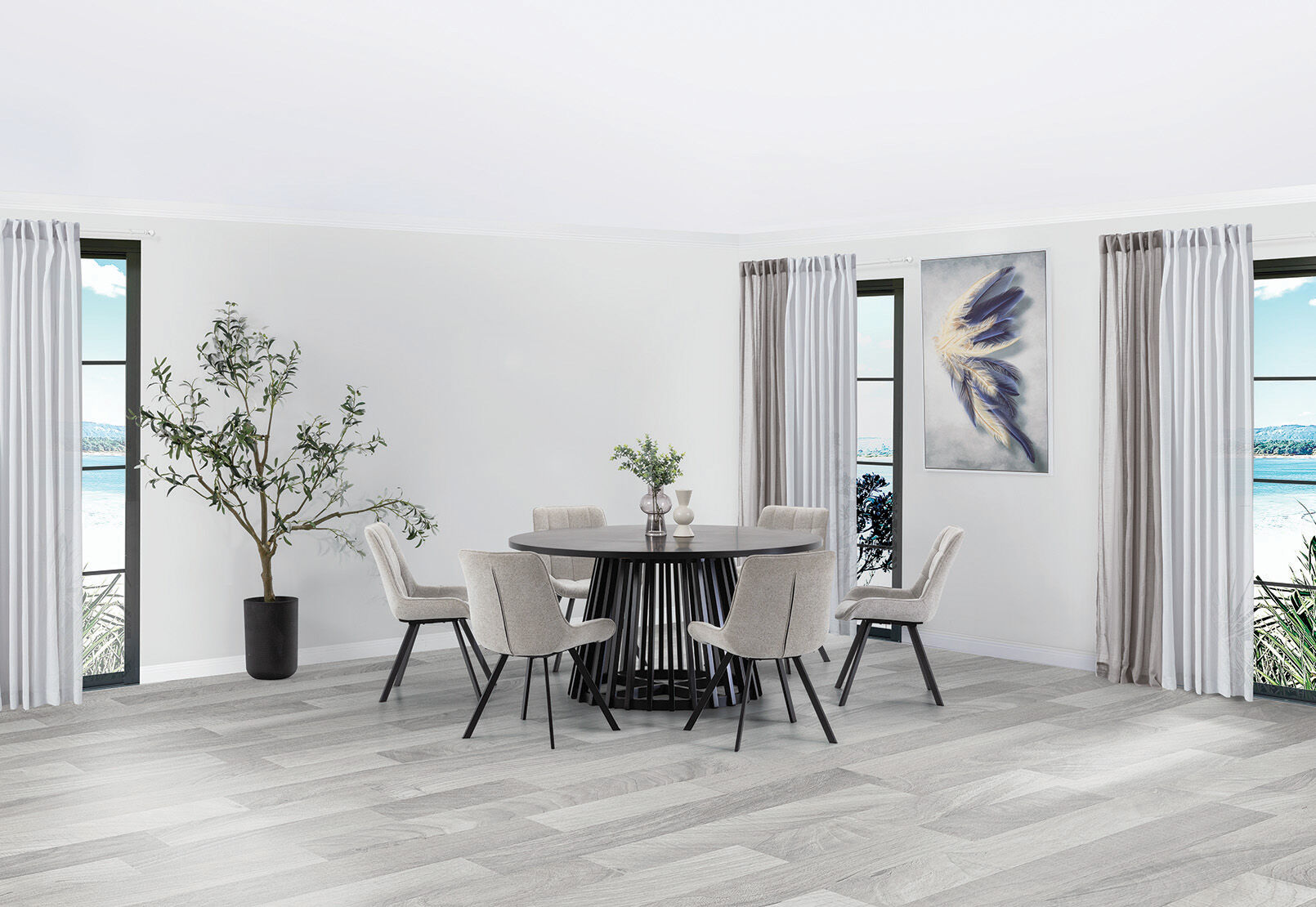 TORENTO 7 PIECE DINING SUITE WITH ARABELLA CHAIRS. GREY
