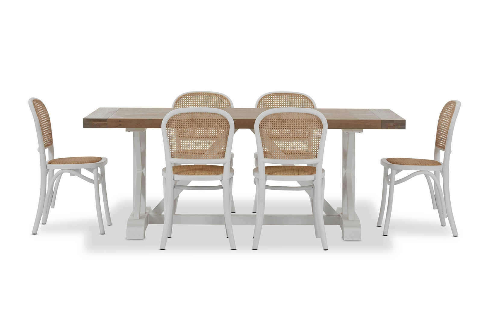 NORMANDY 7 PIECE DINING SUITE WITH TOULOUSE DINING CHAIRS. WHITE