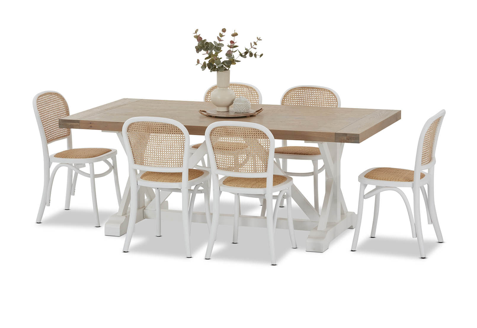 NORMANDY 7 PIECE DINING SUITE WITH TOULOUSE DINING CHAIRS. WHITE