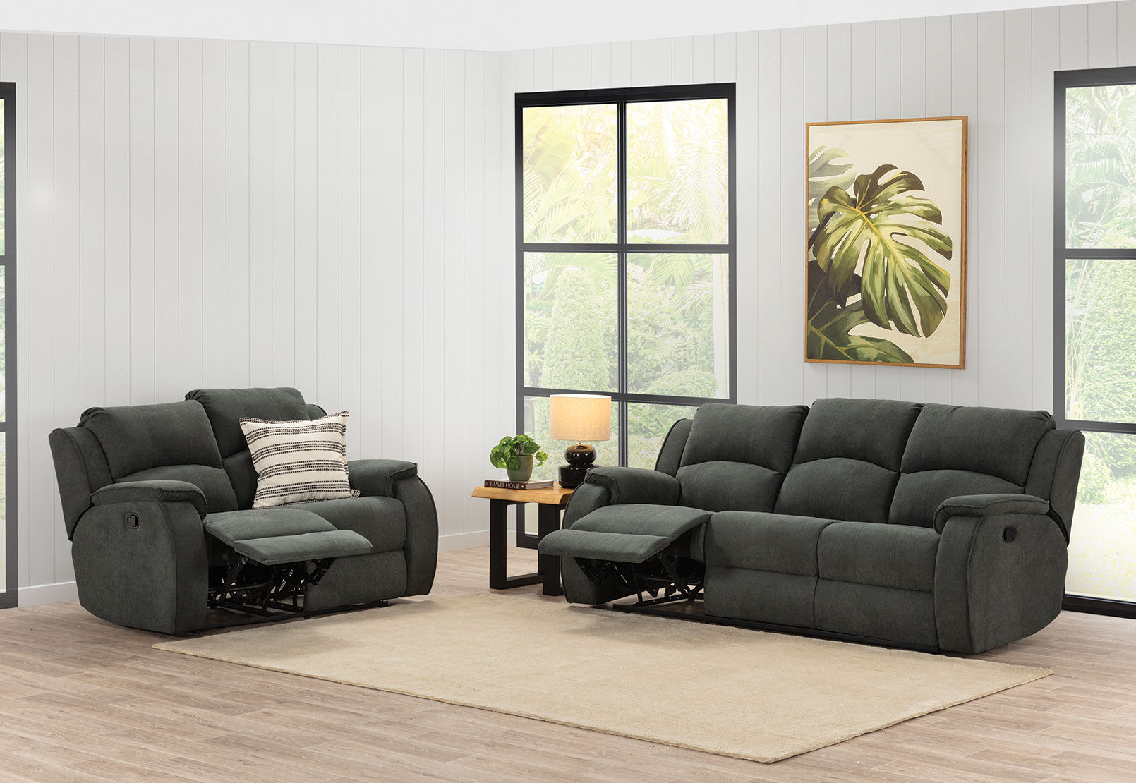 KAYDEN FABRIC 2 SEATER WITH RECLINERS DARK GREY