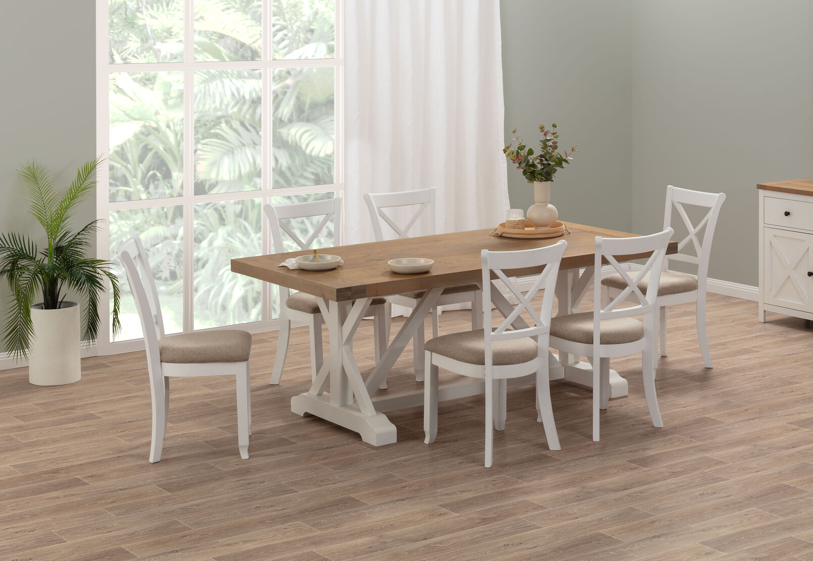 NORMANDY 7 PIECE DINING SUITE WITH MALU DINING CHAIRS WHITE/OAK