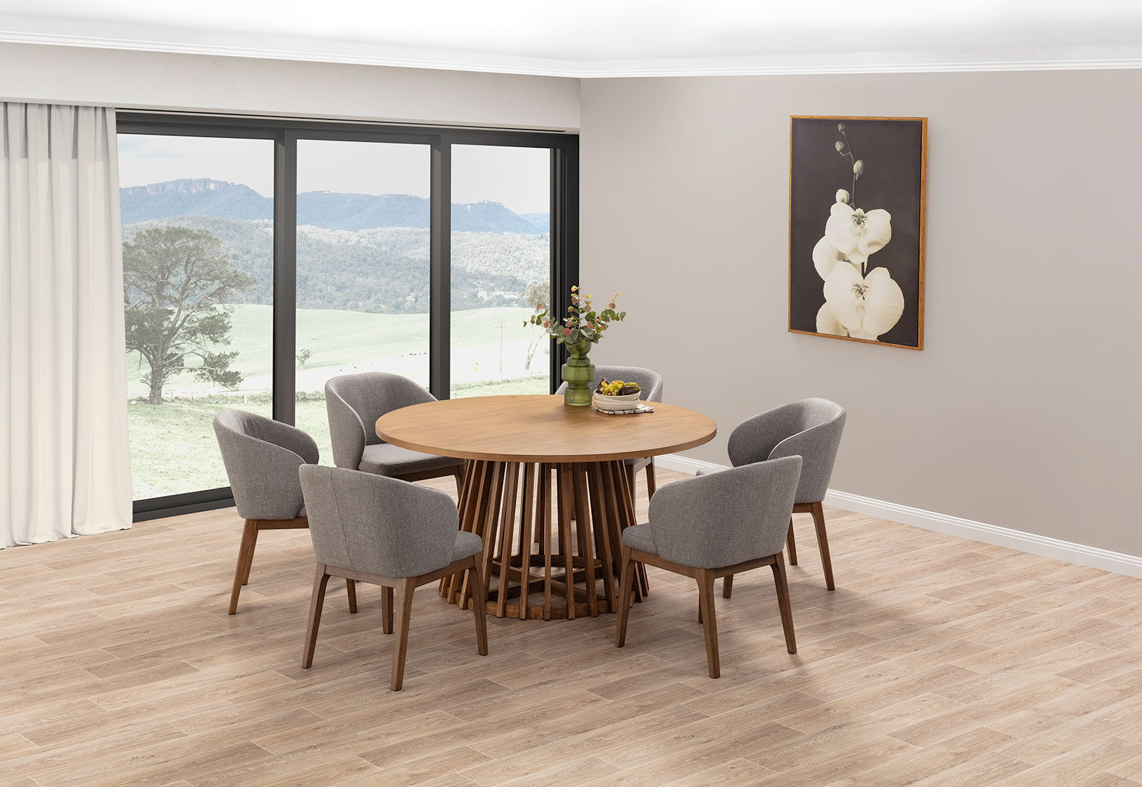TORENTO 7 PIECE SUITE WITH WESTLEY DINING CHAIRS. LIGHT GREY