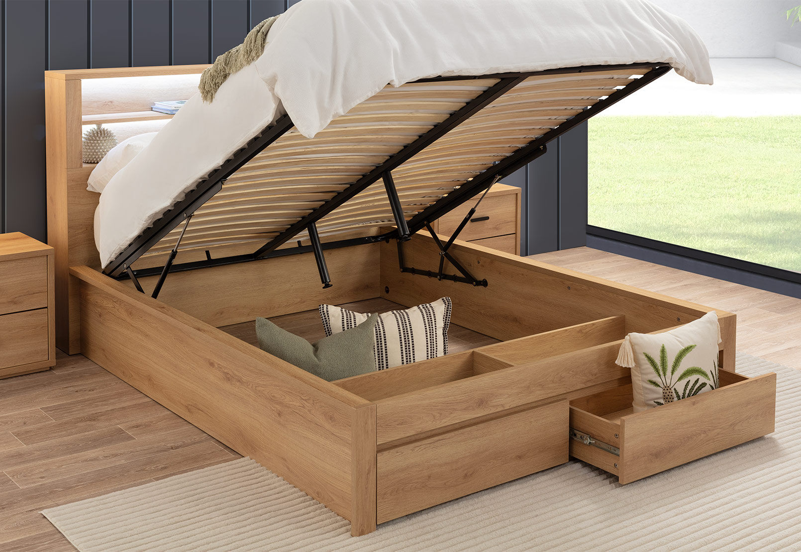 COLWYN BAY QUEEN GAS LIFT BED WITH 2 DRAWERS NATURAL