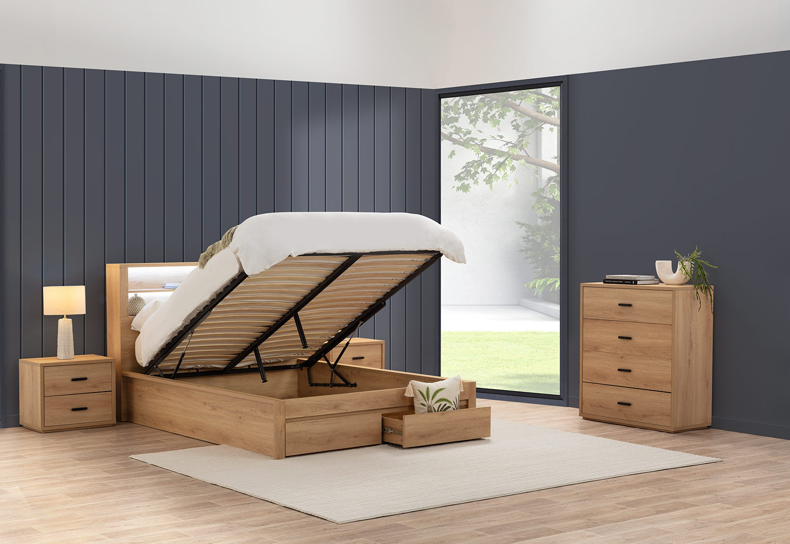 COLWYN BAY QUEEN GAS LIFT BED WITH 2 DRAWERS NATURAL