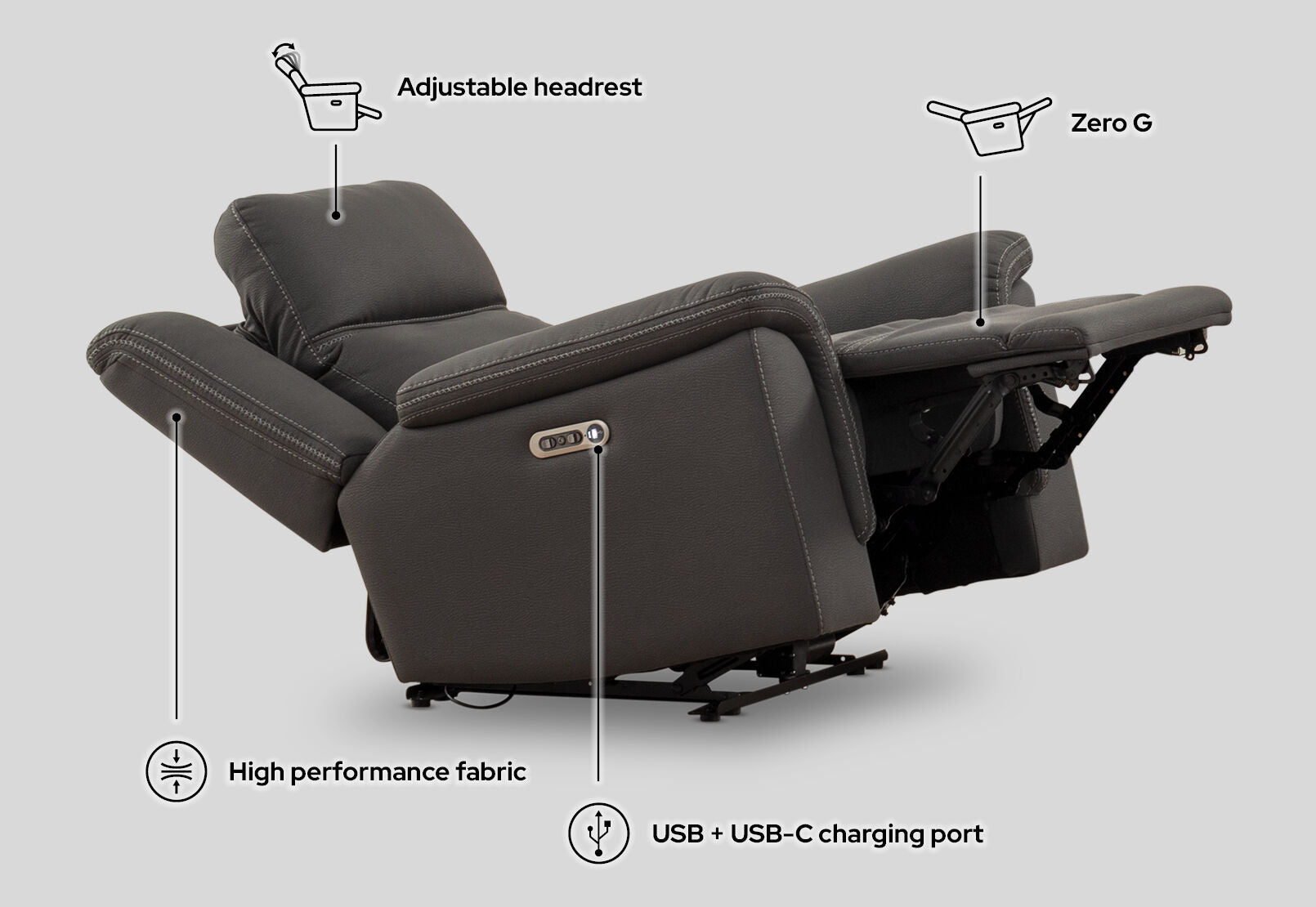 WOLFGANG FABRIC 2.5 SEATER ELECTRIC RECLINER STEEL