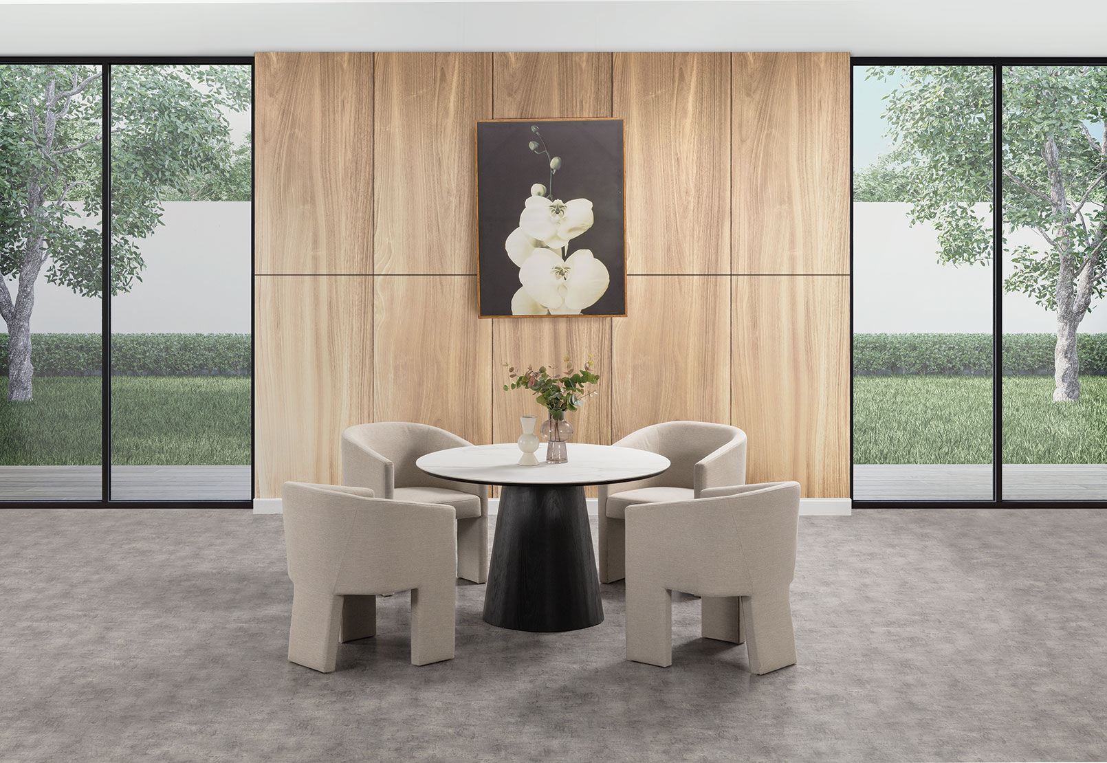 THANOS 5 PIECE CERAMIC DINING SUITE WITH ALICANTE DINING CHAIRS. MARBLE/BEIGE