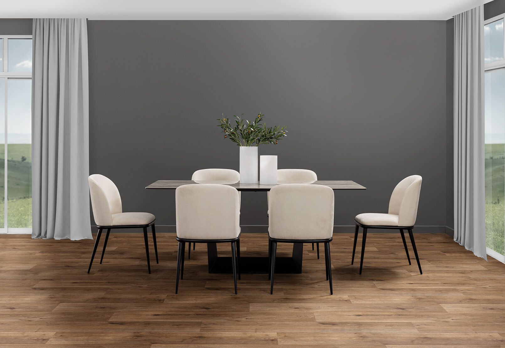 MILAS 7 PIECE DINING SUITE WITH CEDRIC DINING CHAIRS. CREAM/GREY