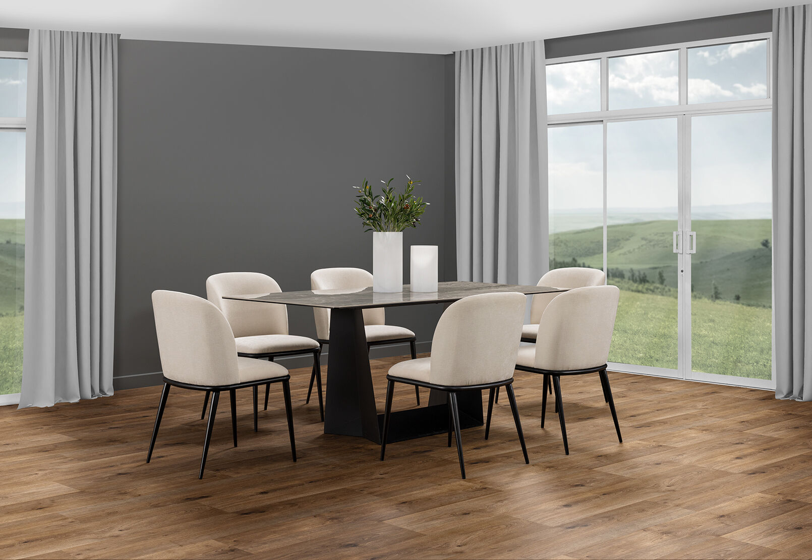 MILAS 7 PIECE DINING SUITE WITH CEDRIC DINING CHAIRS. CREAM/GREY
