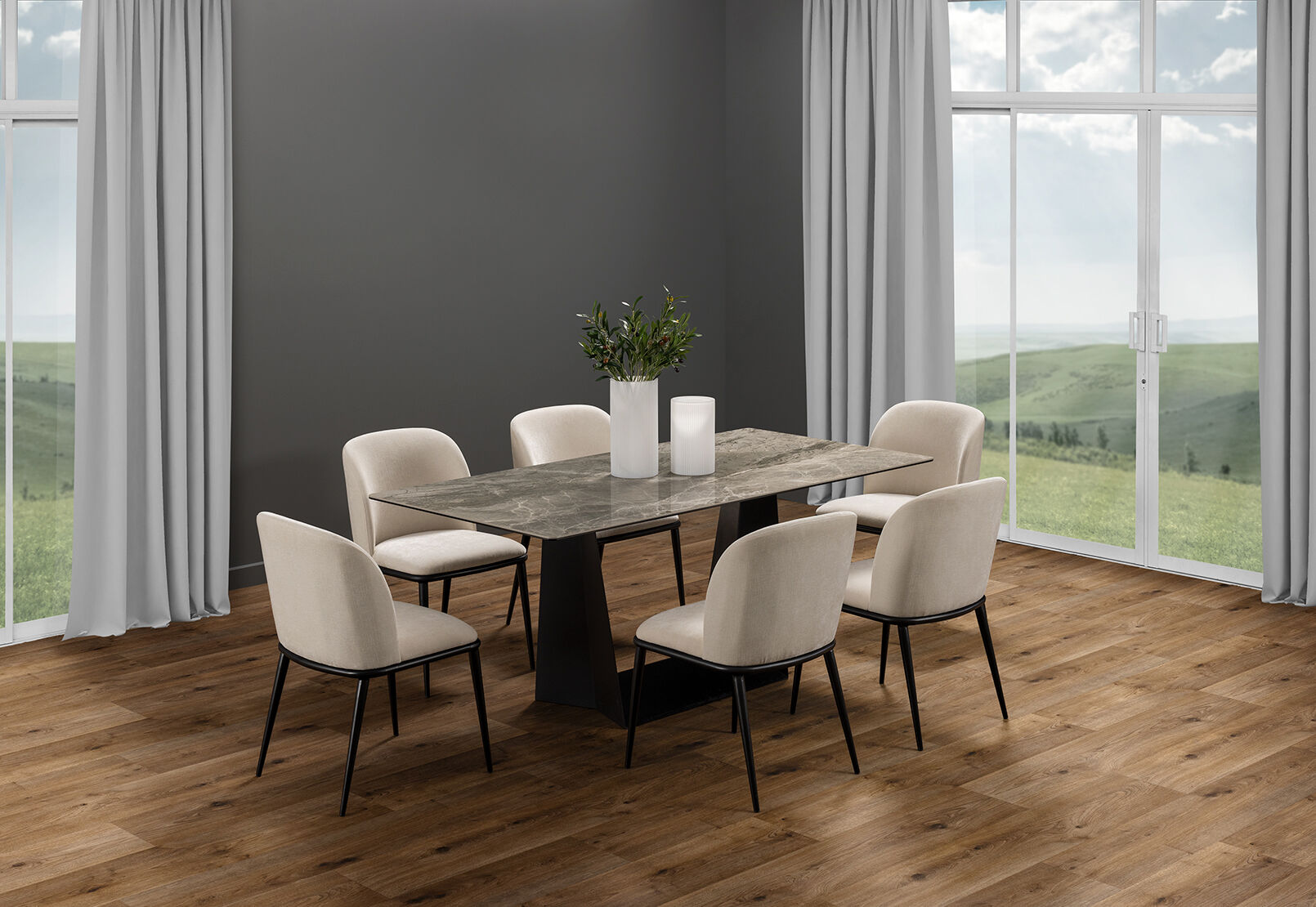 MILAS 7 PIECE DINING SUITE WITH CEDRIC DINING CHAIRS. CREAM/GREY