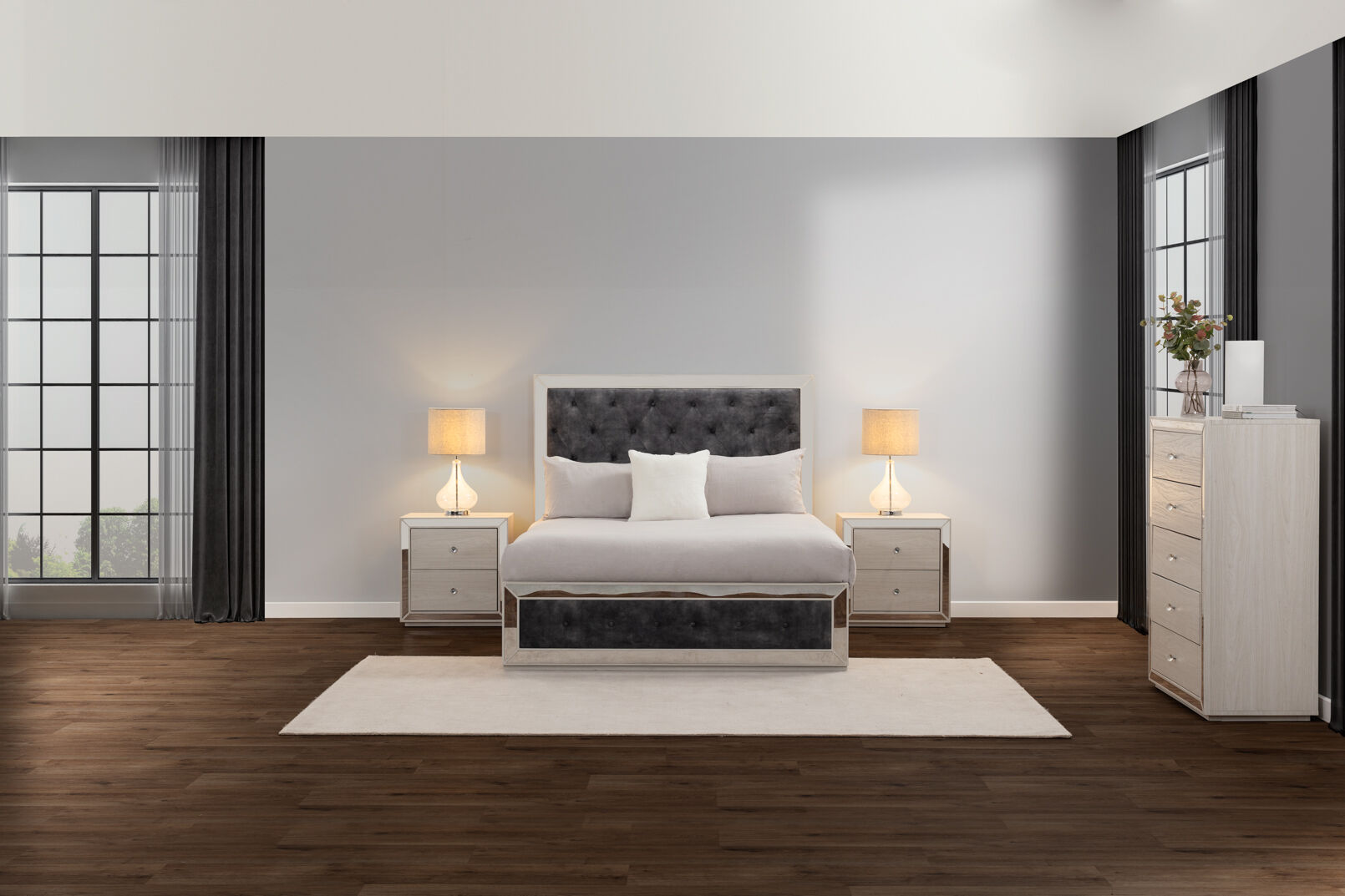 ISMENE 4 PIECE QUEEN BED TALL CHEST SUITE DARK GREY