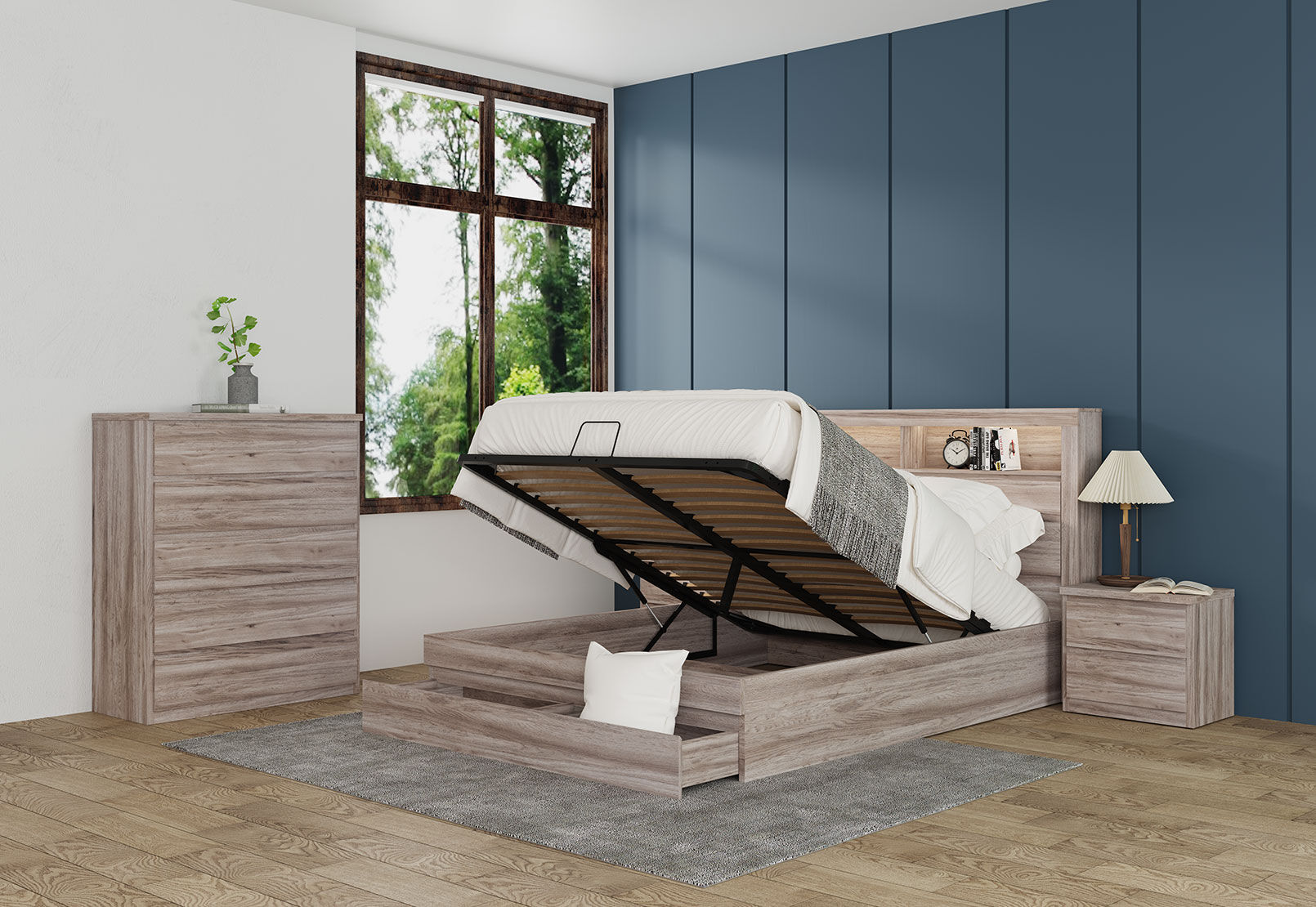 KINCAID 4 PIECE QUEEN TALL CHEST BEDROOM SUITE. CHARCOAL