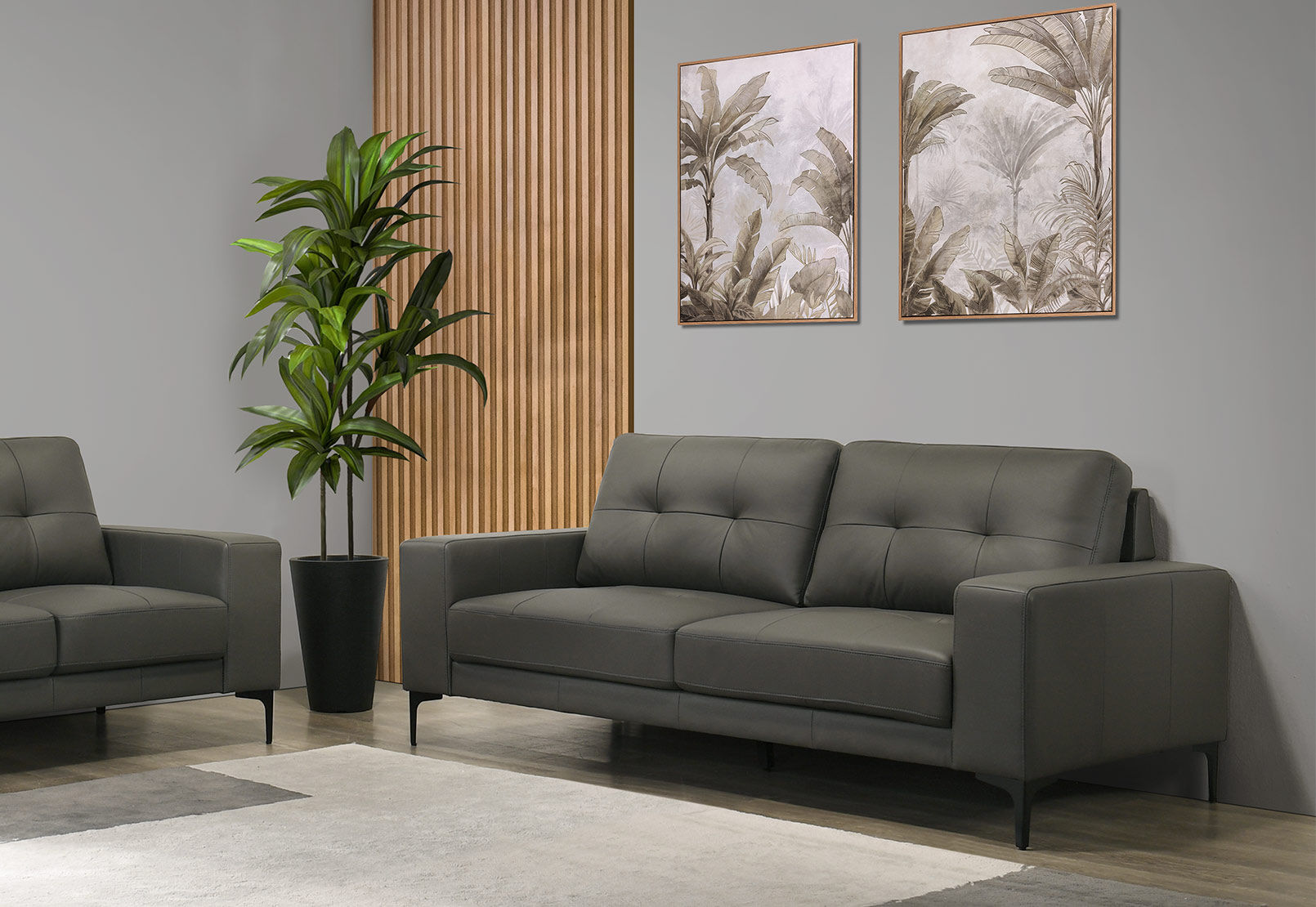 NEVILLE LEATHER 3 SEATER SOFA DARK GREY