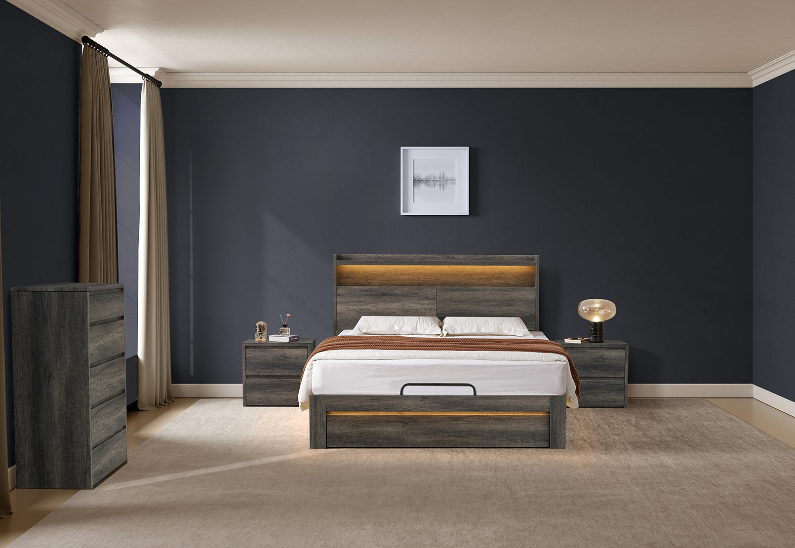 VESPERA 4 PIECE QUEEN TALL CHEST BEDROOM SUITE DARK GREY