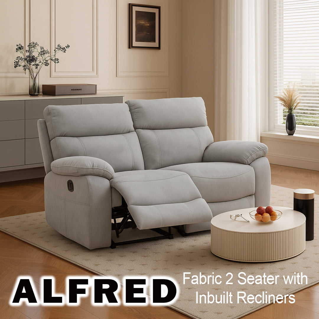 ALFRED Fabric 2 Seater with Inbuilt Recliners LIGHT GREYStyleClassic