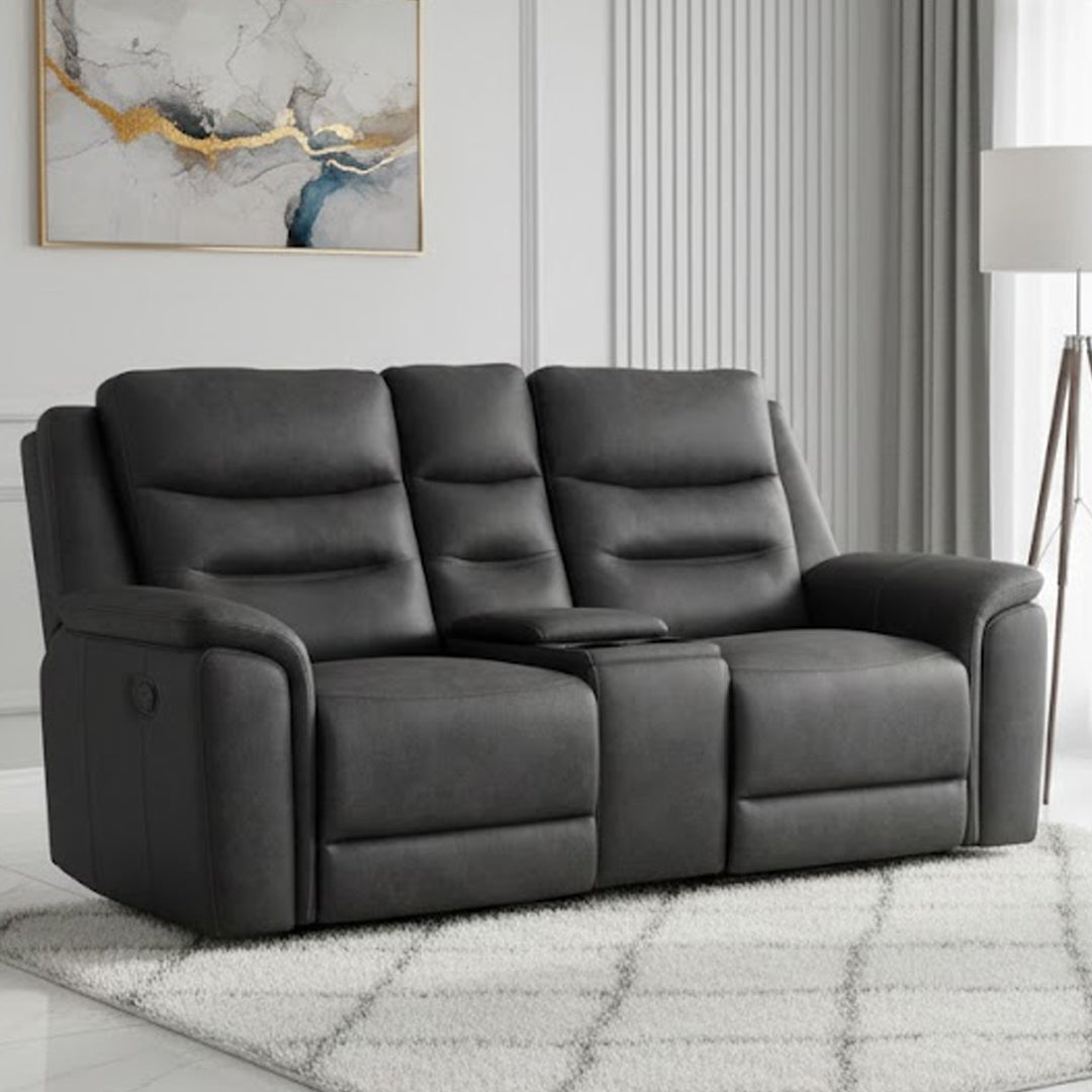 ATALANTA FABRIC 2 SEATER WITH INBUILT ELECTRIC RECLINERS AND CONSOLE CHARCOAL
