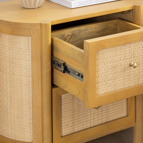 ALEXANDRA CURVED MANGO WOOD & RATTAN BEDSIDE TABLE