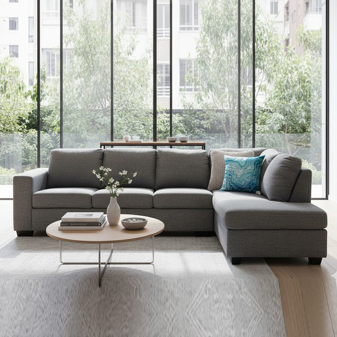 BONZA FABRIC CORNER LOUNGE WITH RHF CHAISE GREY