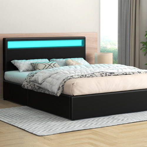 HOXTON ROOM BLACK CALEDON PU LEATHER GAS LIFT STORAGE BED WITH LED