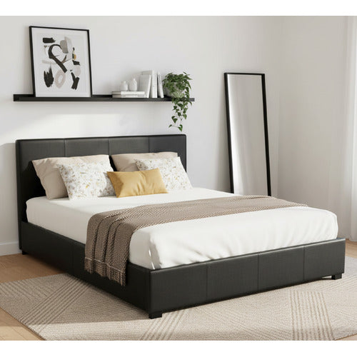 MIKASA FURNITURE BLACK MAKOTO FAUX LEATHER GAS LIFT STORAGE BED FRAME