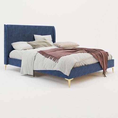 RAWSON & CO BLUE ZHENG VELVET BED FRAME WITH GOLD LEGS