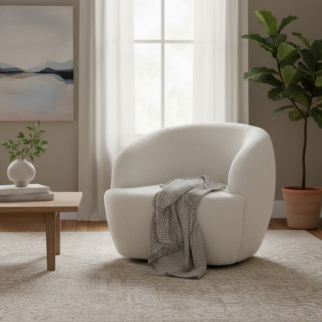 CONTINENTAL DESIGNS CREAM CUDDLE SWIVEL BOUCLE ARMCHAIR