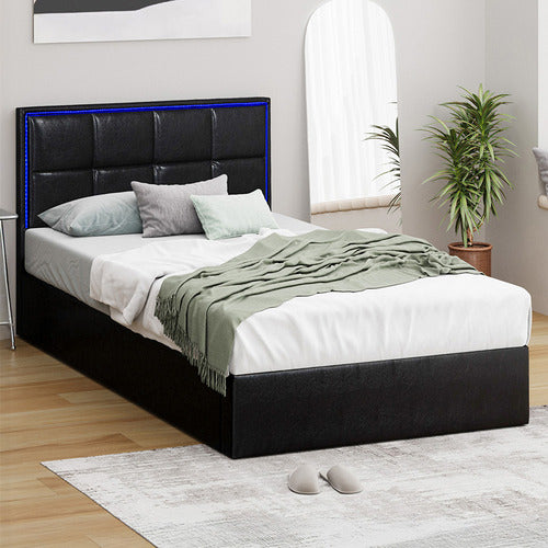 LIVING FUSION CERI FAUX LEATHER GAS LIFT STORAGE BED WITH LED
