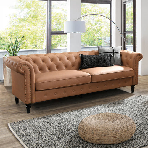 BY DESIGNS CORNELIA CHESTERFIELD 3 SEATER FAUX LEATHER SOFA