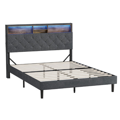 LIVING FUSION CROSBY UPHOLSTERED BED WITH STORAGE HEADBOARD & LED
