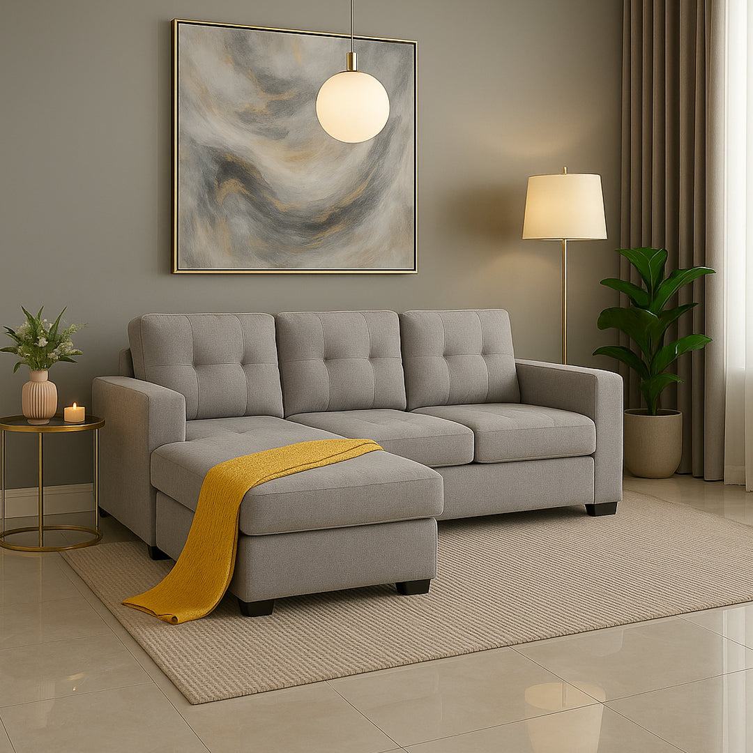 DIAMOND FABRIC CORNER LHF CHAISE WITH SOFA BED LIGHT GREY