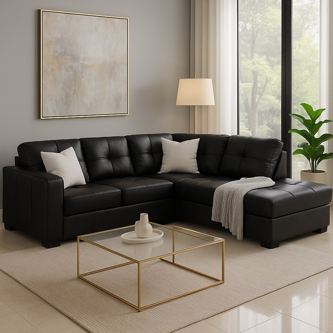 DIAMOND LEATHER-LOOK CORNER RIGHT-HAND FACING CHAISE WITH SOFA BED BLACK