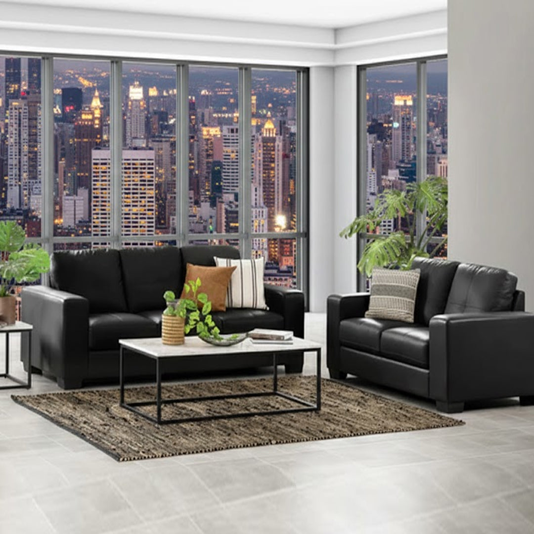 DIAMOND LEATHER-LOOK SOFA PAIR BLACK