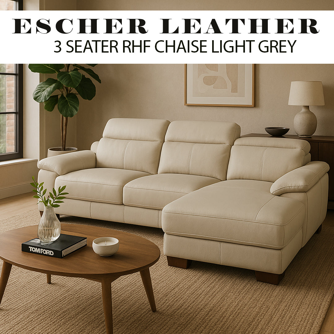 ESCHER LEATHER 3 SEATER RHF CHAISE LIGHT GREY