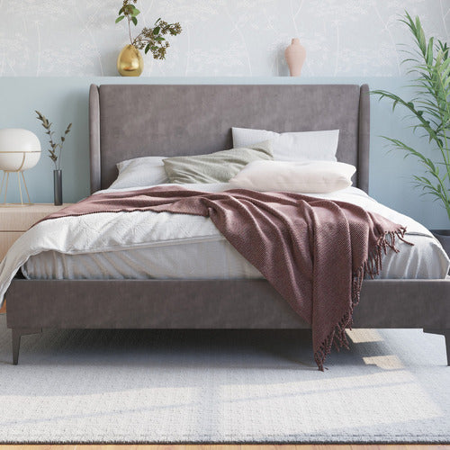 RAWSON & CO GREY ZHENG VELVET BED FRAME WITH BLACK LEGS