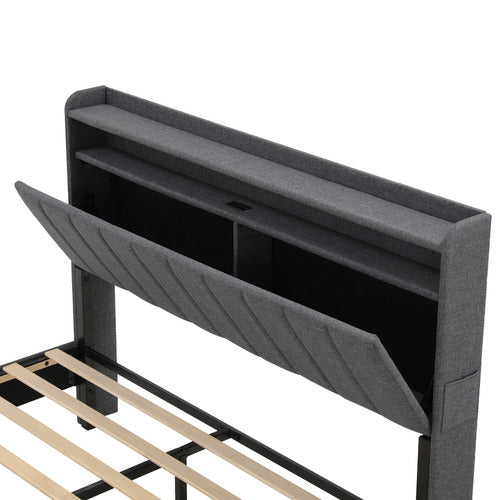 HAVEN COVE FURNITURE GREY LUSAMINE LINEN QUEEN BED WITH LED & CHARGING STATION